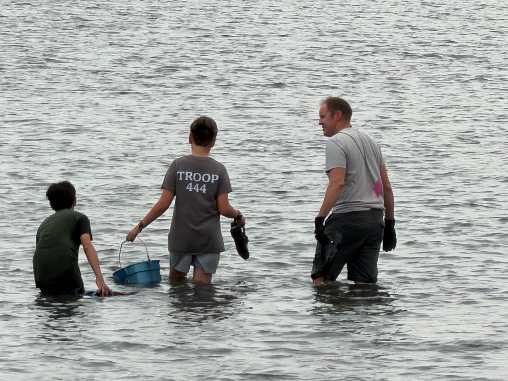 Scouts wading in the water during the 2026 clamming trip.